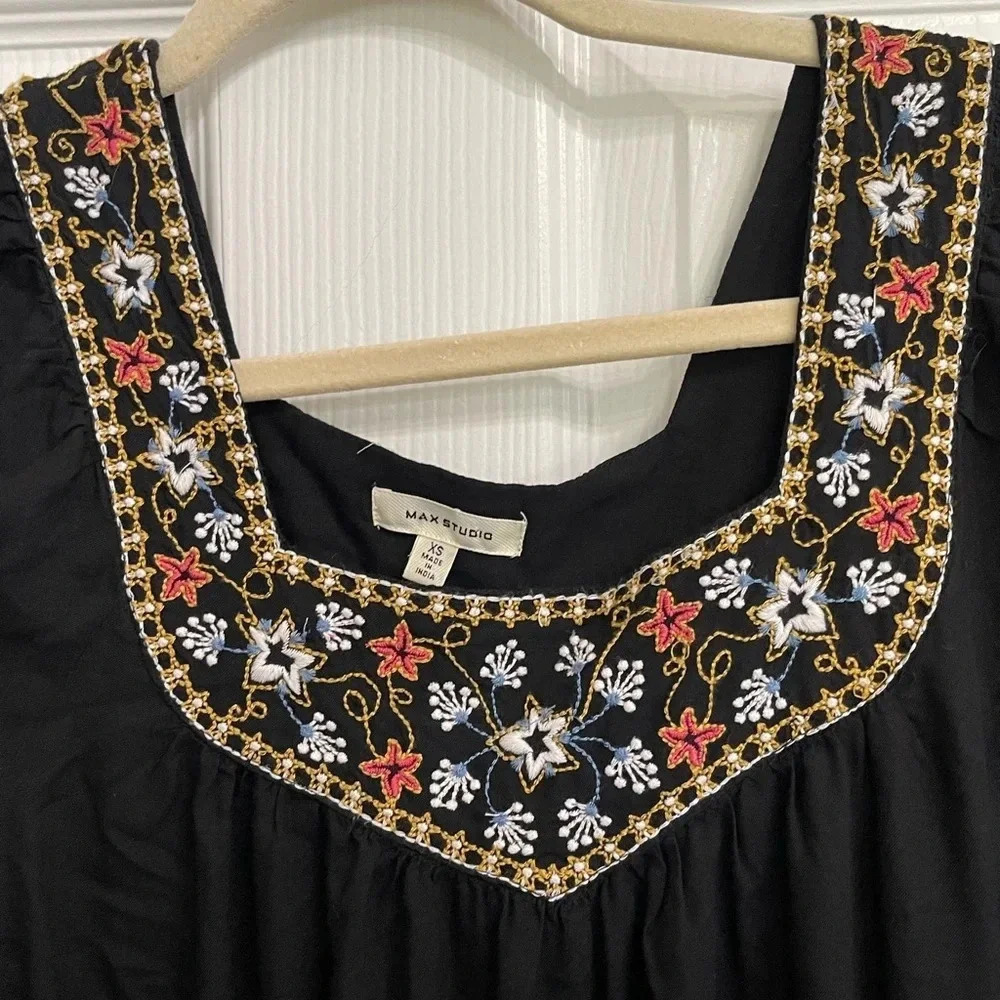 Max Studio Boho Romantic Peasant Square Neck Embroidered Dress XS Long Sleeve - Picture 4 of 7